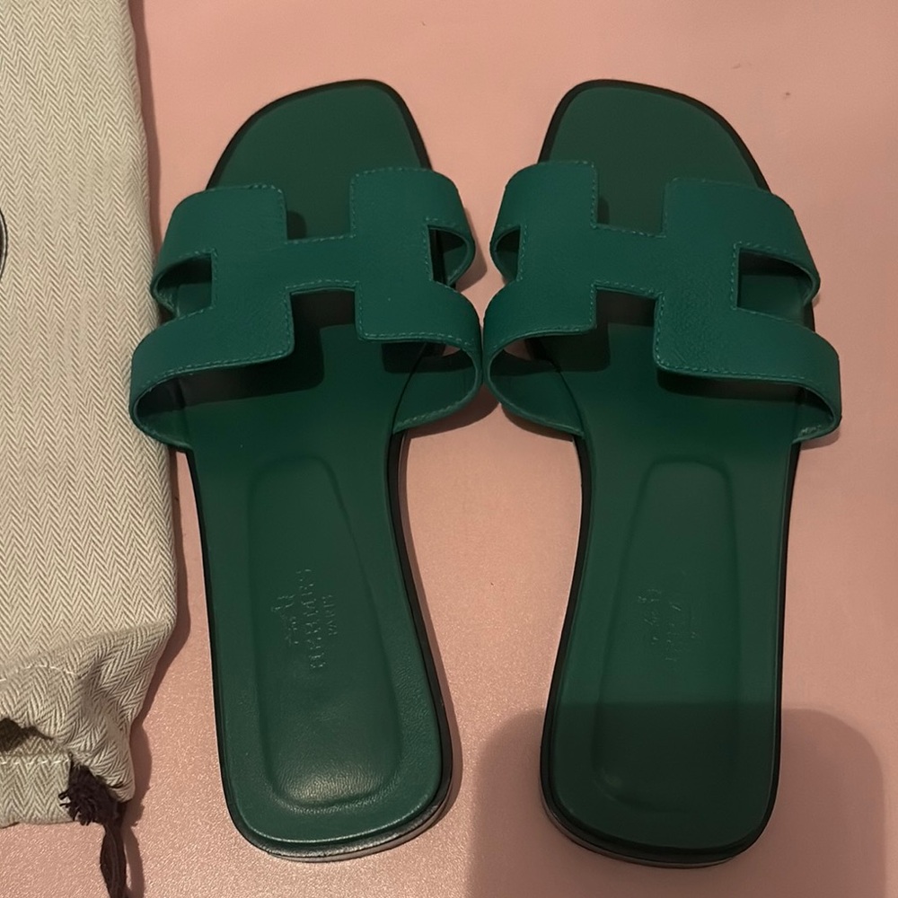 Hermes Green Sandals with H Cutout Design